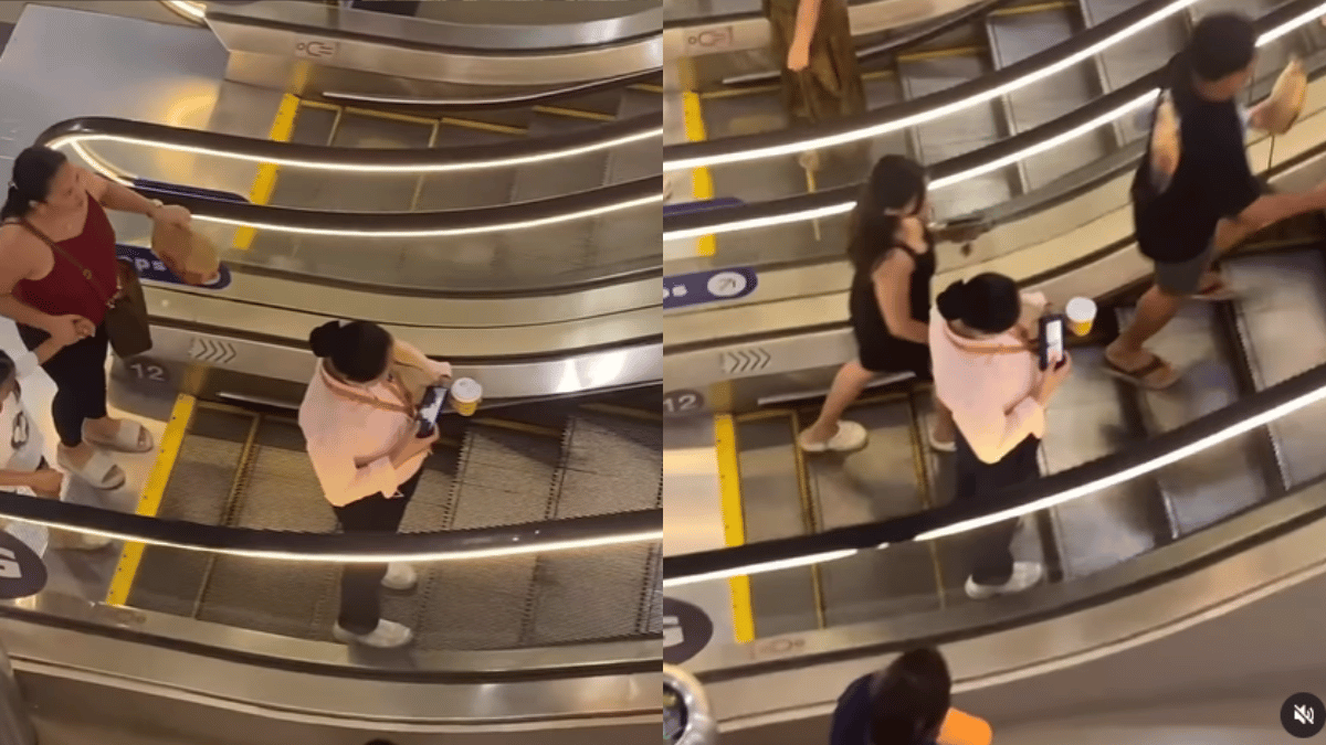 woman-busy-on-phone-fails-to-realise-escalator-stopped-internet-questions-her-situational-awareness-viral-video